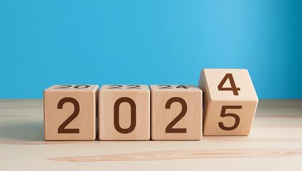 Title: New Year 2025 Transition on bluee Background - Wooden Blocks Changing from 2024 to 2025, New Year 2025, 2024 to 2025,


