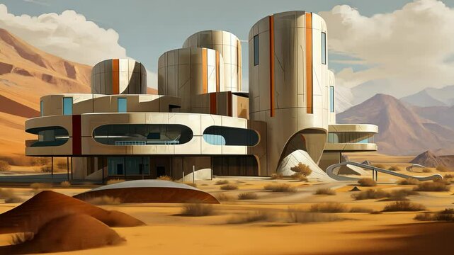Retro futuristic architecture in sci-fi scene on the desert planet. Alien landscape with nostalgic retro future constructions