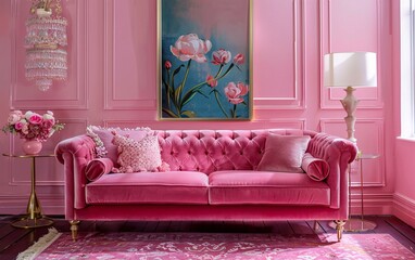 Living room in pink with velvet sofa