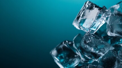 Close-up of clear ice cubes on a teal background.