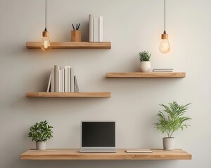 A small, minimalist libraryoffice with floating shelves, a clean desk, and soft lighting for a quiet, distractionfree environment