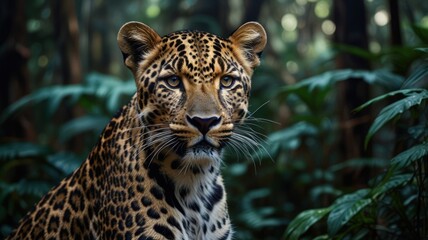 Fototapeta premium A close-up portrait of a leopard staring intently at the camera, set against a backdrop of lush green foliage.