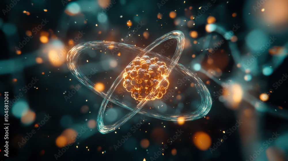 Poster a vibrant depiction of an atom surrounded by glowing particles representing energy in a captivating 