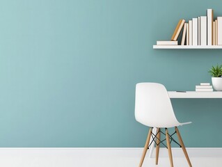 A sleek officelibrary with minimalist white shelving, a modern desk, and bare walls for a clean, uncluttered feel