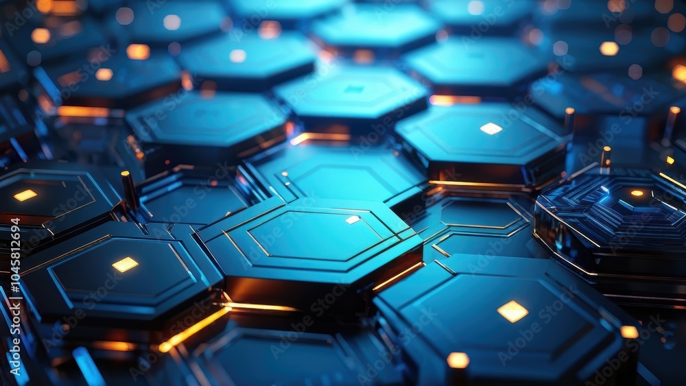 Poster a close-up view of interconnected hexagonal shapes with glowing edges, showcasing a futuristic desig