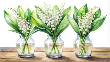 watercolor painting of lily of the valley in glass vases on white background