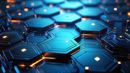 Obraz premium A close-up view of interconnected hexagonal shapes with glowing edges, showcasing a futuristic design.