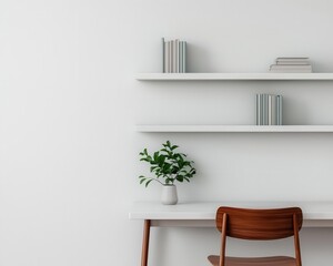 A minimalist officelibrary with clean white walls, slim shelving, and a small desk, providing a tranquil, organized workspace