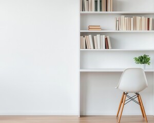 A minimalist officelibrary featuring sleek white bookshelves, a modern chair, and a clean desk for a functional, uncluttered workspace