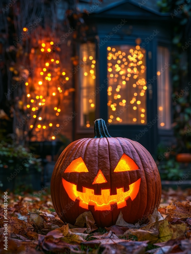 Wall mural a glowing jack-o'-lantern with a carved grin sits amidst fallen leaves, illuminating the front porch