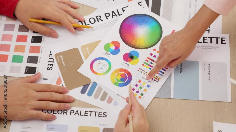 Poster top view slow motion hand closeup on table of two designer choose color for graphic design working o