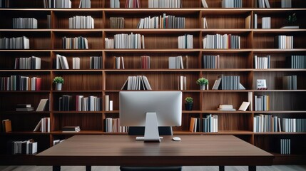 A modern minimalist libraryoffice featuring dark wood shelving, a slim desk, and neutral decor, creating a refined workspace