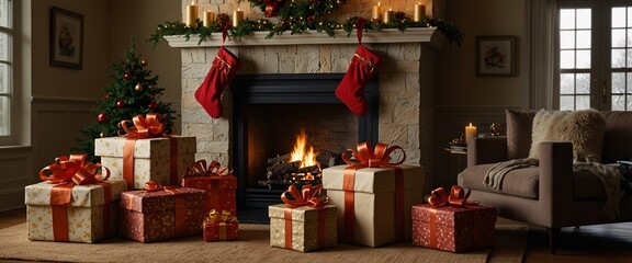 Fototapeta premium Cozy Christmas Fireplace: A warm and inviting living room scene featuring a crackling fireplace, festive stockings, and a stack of beautifully wrapped gifts, creating a perfect Christmas atmosphere. 