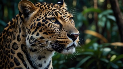 Obraz premium A close-up portrait of a leopard looking intently to the side, its yellow eyes piercing the viewer. The leopard's spotted fur and whiskers are visible in sharp detail.