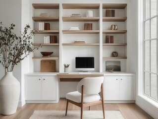 Fototapeta premium A minimalist libraryoffice featuring builtin shelving, a small desk, and neutral decor for a clean and functional design