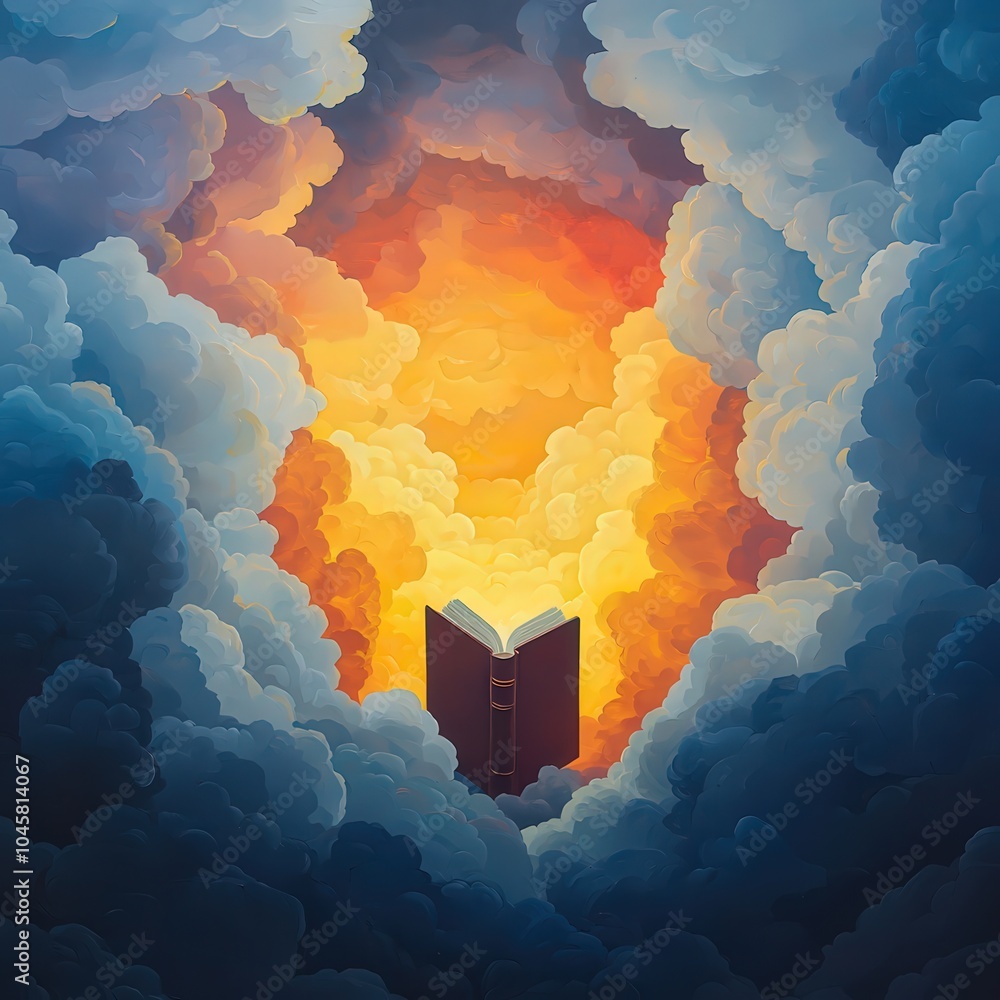 Poster a journey through the clouds discovering knowledge in a mystical world of light and imagination