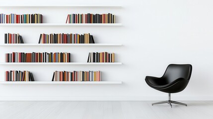 A minimalist officelibrary with monochromatic shelves, a single chair, and clean lines for a polished, clutterfree aesthetic