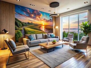 Modern Living Room Design with Wall-Mounted Photo Wallpaper and Stylish Furniture