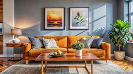 Modern Living Room Interior with Sofa, Table, and Decorative Plant in a Stylish Candid Photography Setting
