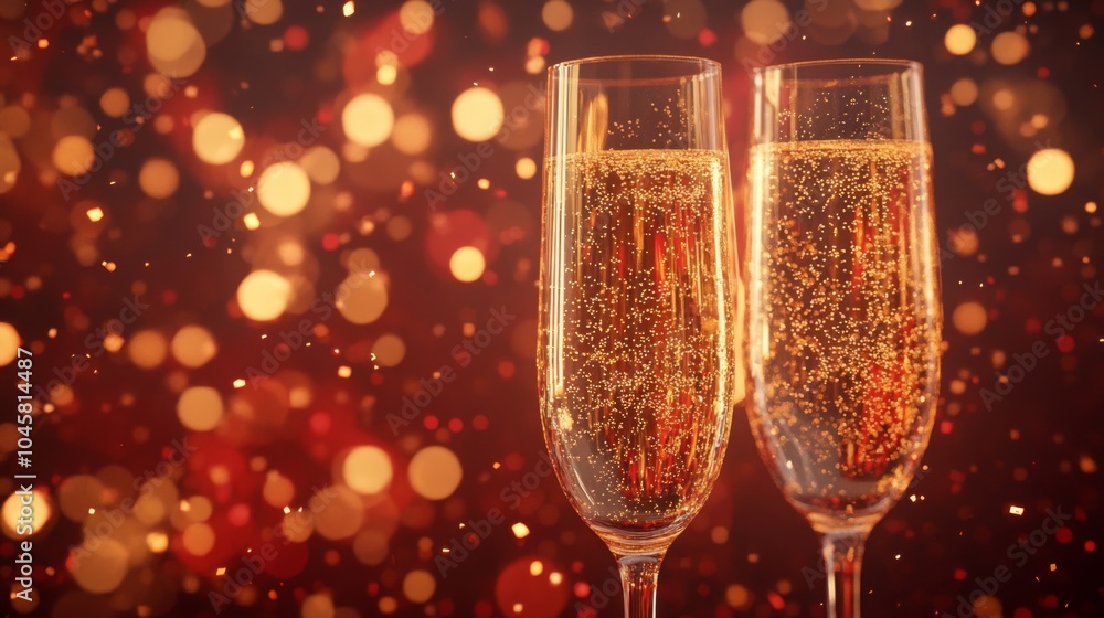 Aufkleber two glasses of champagne with bubbles are set against a red and gold bokeh background.