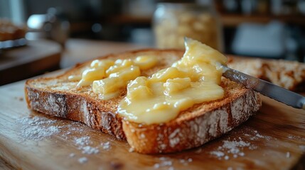 A close-up of a piece of toast with butter on a wooden cutting board, a knife spreading the butter.