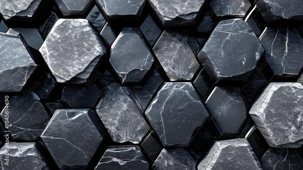 Aufkleber a close-up view of hexagonal black marble tiles arranged in an intricate pattern.