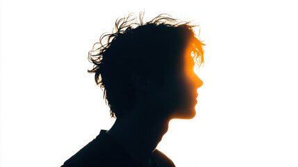 A silhouette of a man with curly hair and glasses against a bright sunset backdrop highlighting peaceful reflection and serenity