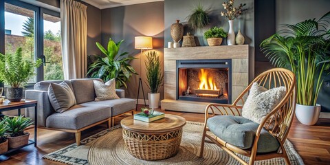 Modern Living Room with Rattan Lounge Chair, Wicker Pouf, White Sofa, and Fireplace for Cozy Interiors