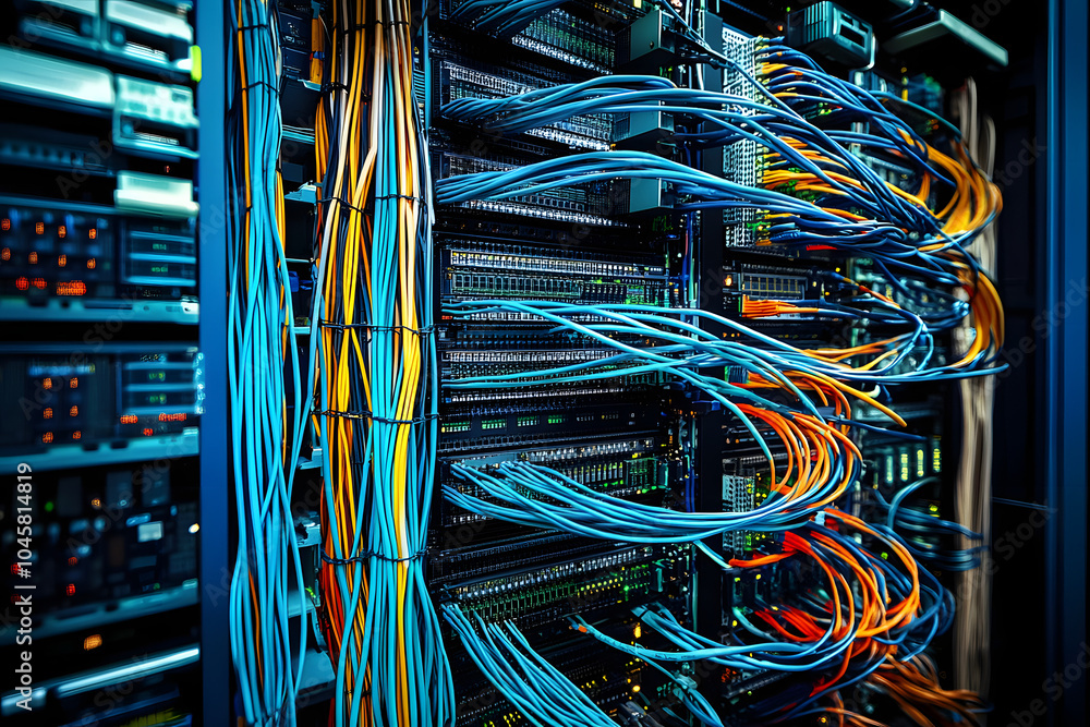 Poster a shot of the network backbone in a server farm, with neatly organized cables and switches, illustra