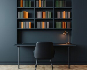 An officelibrary featuring builtin minimalist bookshelves, a slim desk, and soft lighting for a serene work environment