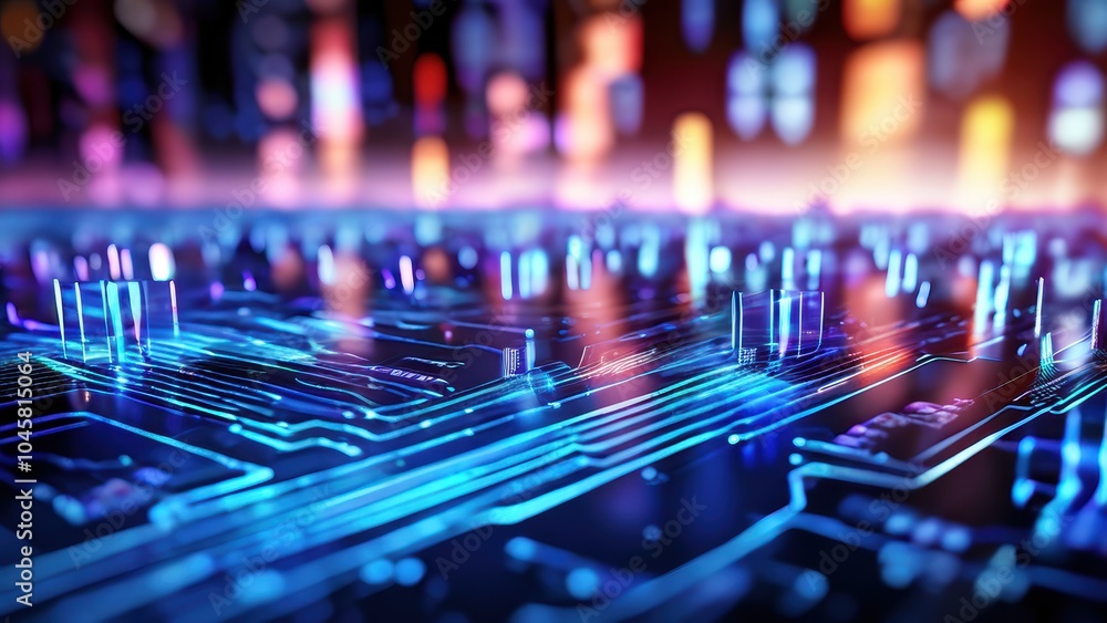 Poster a close-up view of a futuristic circuit board with glowing elements and digital effects.