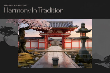 Traditional Japanese temple gate with cherry blossoms at sunset