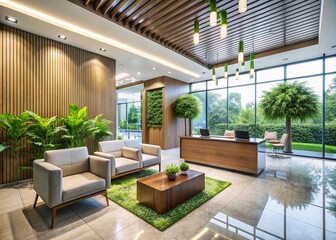Fototapeta premium Modern Office Lobby Design with Sleek Furniture and Natural Light for Corporate Spaces