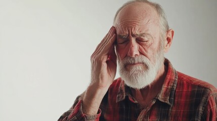 An elderly man shows discomfort from eye pain, pressing his forehead while appearing distressed on a plain white backdrop. Generative AI