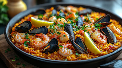 Vibrant Seafood Paella in Traditional Pan