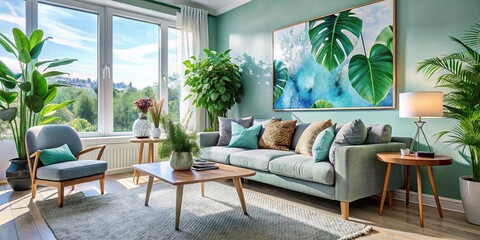 Fototapeta premium Modern Scandinavian Living Room with Art Poster - Stylish Interior Design Inspiration