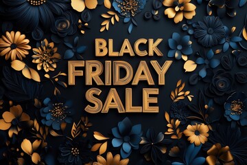 Black Friday Sale Banner with Paper Quilling Text and Black & Gold Floral Accents