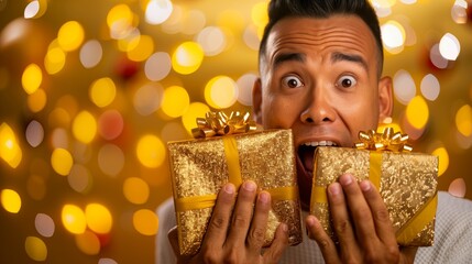 Naklejka premium Surprise and joy with festive golden gifts in a bokeh holiday background
