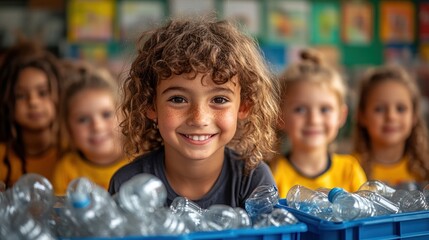 A smiling child in a classroom surrounded by classmates and plastic bottles for recycling.