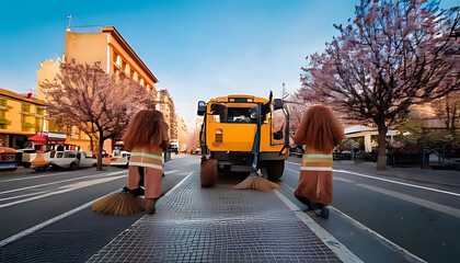 spring weather brings road sweeper workers outdoors clean streets regularly every morning