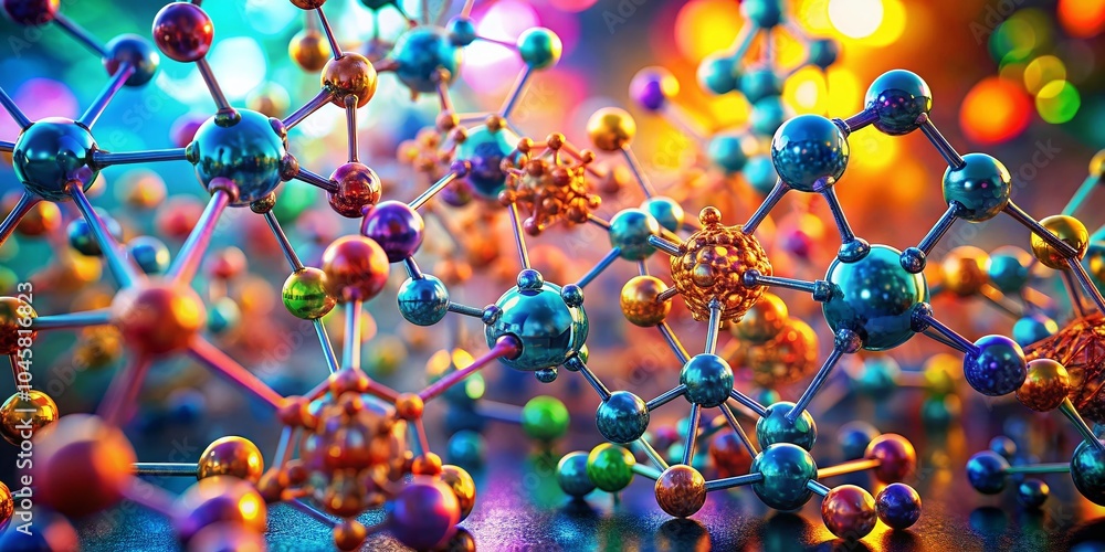 Poster molecular models of nanotechnology in bokeh effect - vibrant colors and intricate structures showcas