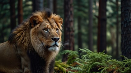 Fototapeta premium A majestic lion with a thick mane stares intently into the distance, surrounded by lush greenery and towering pine trees.