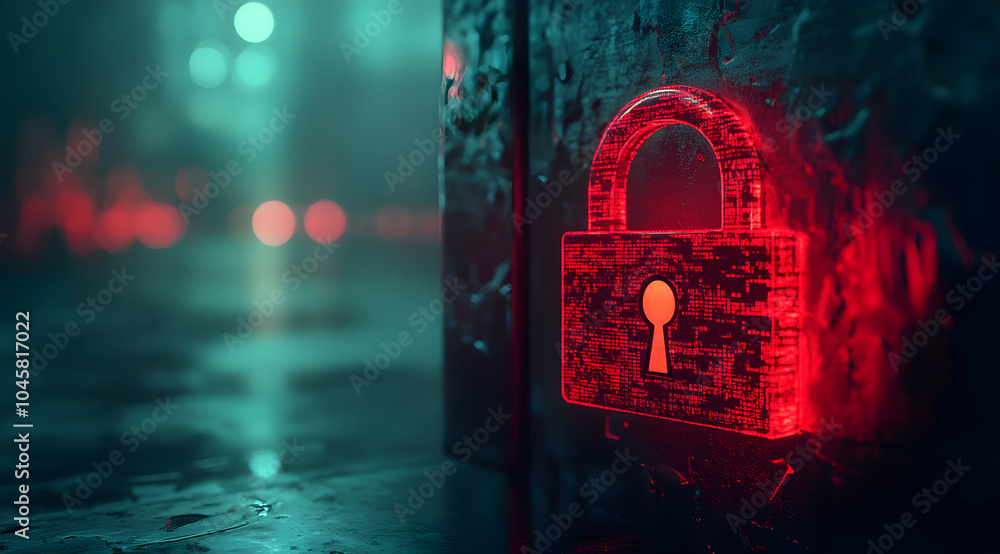Poster hacker attack. security breach, system hacked, internet cyber attack alert with red broken padlock, 