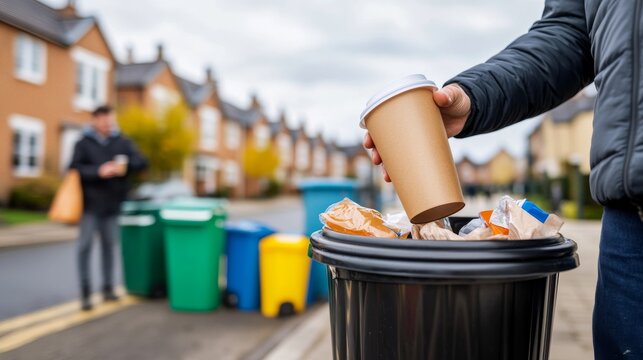  Mano depositando un vaso de caf&eacute; en un contenedor de basura en un vecindario residencial, promoviendo la limpieza y el reciclaje en &aacute;reas urbanas.

