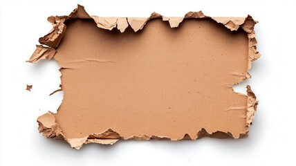 Torn brown cardboard piece with rugged edges, isolated on white background, paper texture