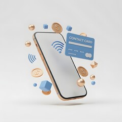 3D render of a modern smartphone next to a floating credit card with contactless payment symbol, surrounded by abstract shapes and coins on a solid white background.