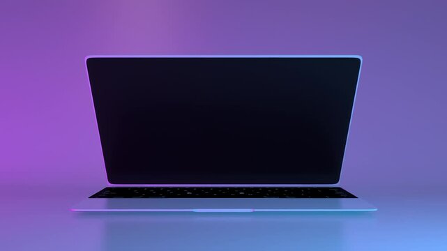 Laptop with blank green screen. Blue and purple colorful neon background