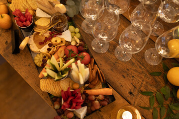 Antipasti und Snacks auf einem großen Holztisch