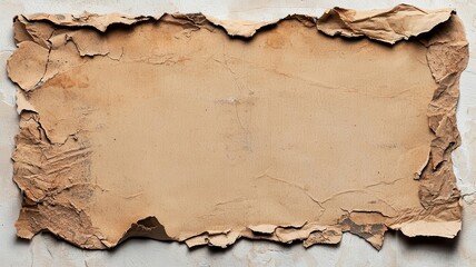 Weathered cardboard piece, torn edges with tape residue, authentic texture focus