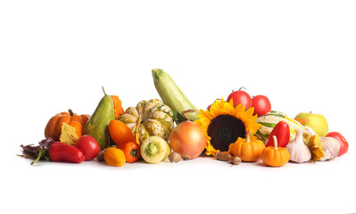 Different fresh vegetables with fruits and acorns on white background. Harvest festival